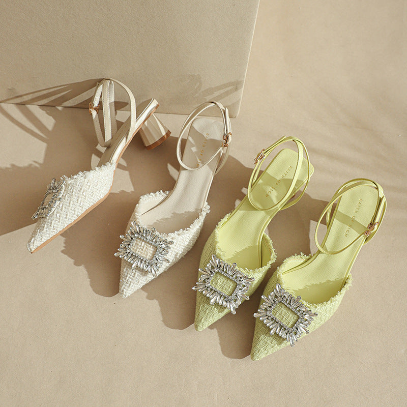 Dame Elegant Spids Tå Slingback Mules med Dekorativ Floral Accent Stilla