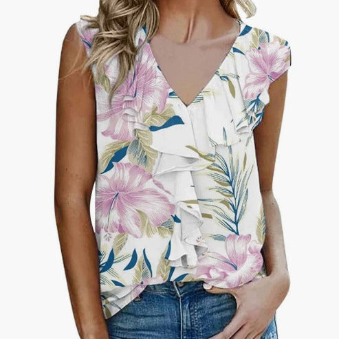 Dame blomstret flæsebluse med V-halsudskæring og ærmeløs design Stilla