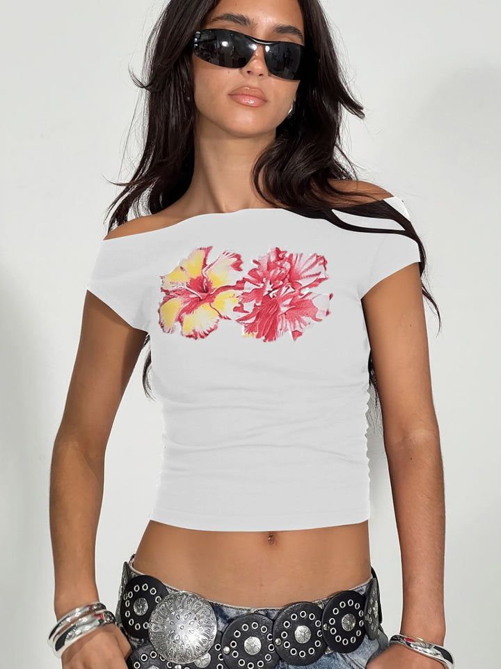Dame top med off-shoulder design og blomstret tryk Stilla