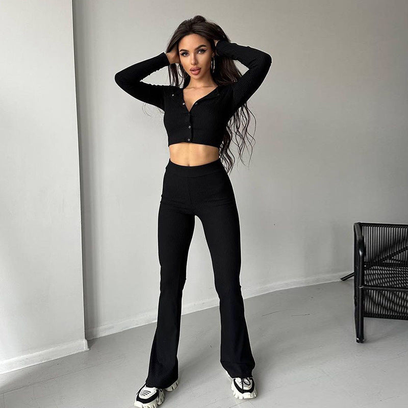 Dame Ripp-Schn cropped Top og udstillet Bukser Sæt Stilla