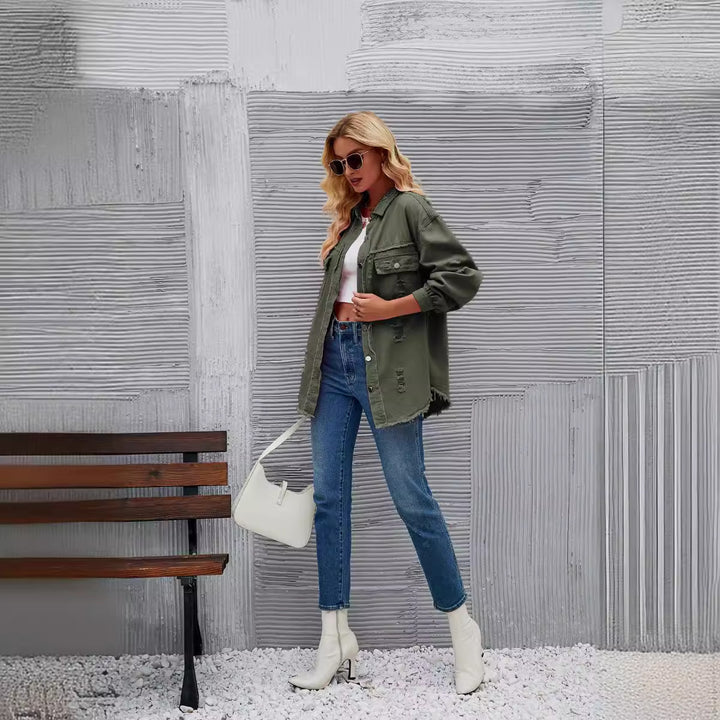 Dame Oversized Denim-Skjortejakke med frynse-detaljer Stilla