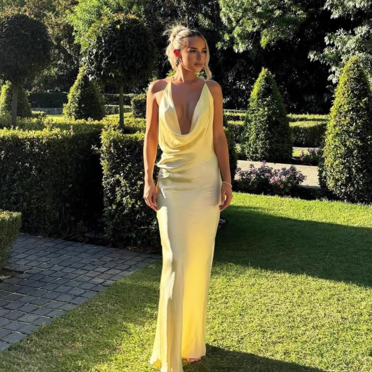 Dame Elegant Satin Maxi Kjole med dyb V-udskæring Stilla