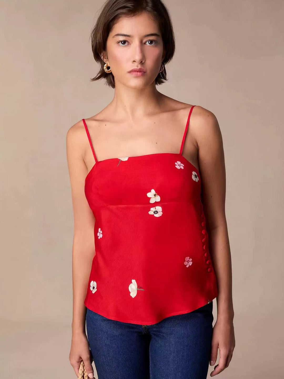 Dame top med floralt design og filigrane stropper Stilla