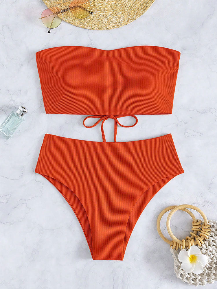 Dame bandeau-bikini med høj talje og ribbet design Skovae
