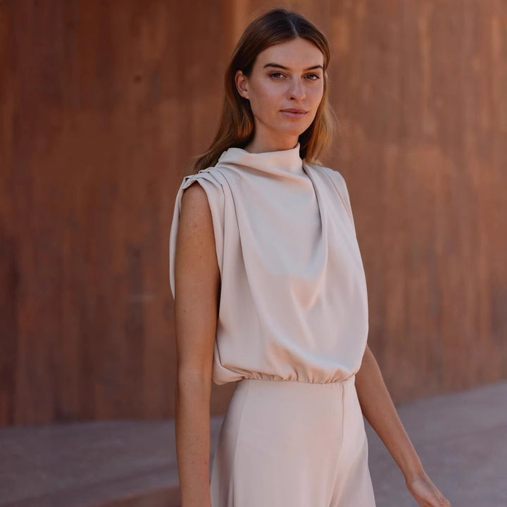 Dame Elegant Jumpsuit med høje ben og smart stålkrave Stilla