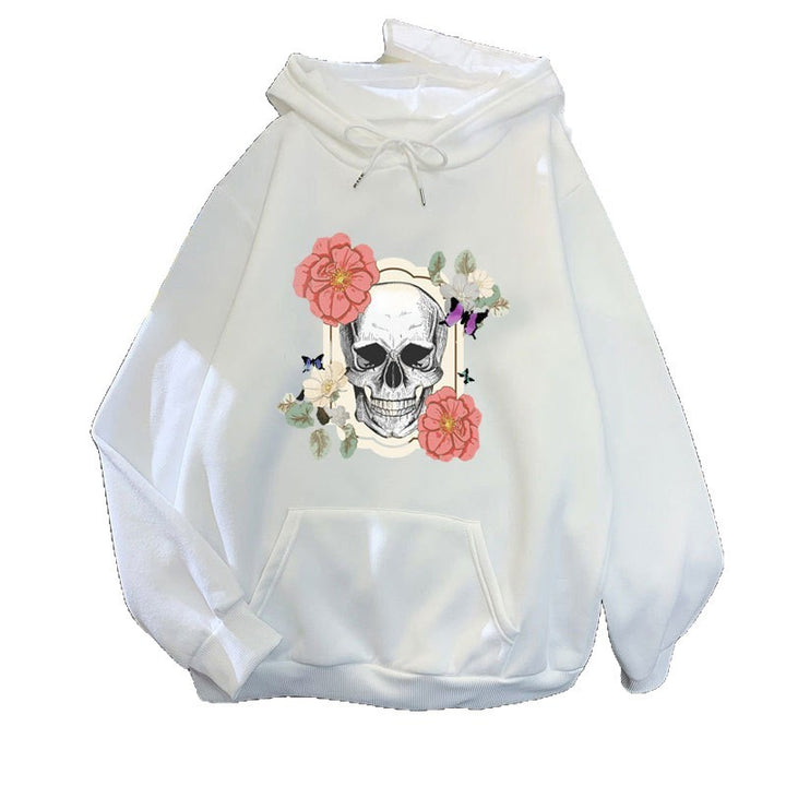 Kvindernes hoodie med detaljeret kraniedesign og blomsterprint Skovae