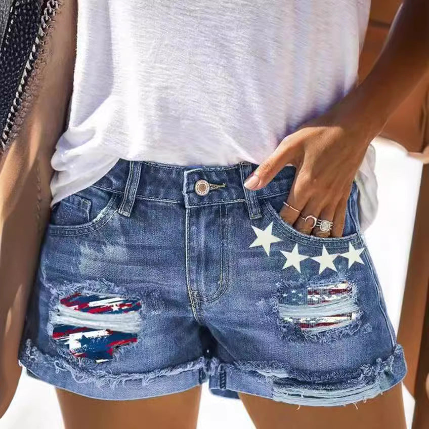 Dame Modische Destroyed Shorts med patriotisk motiv Stilla