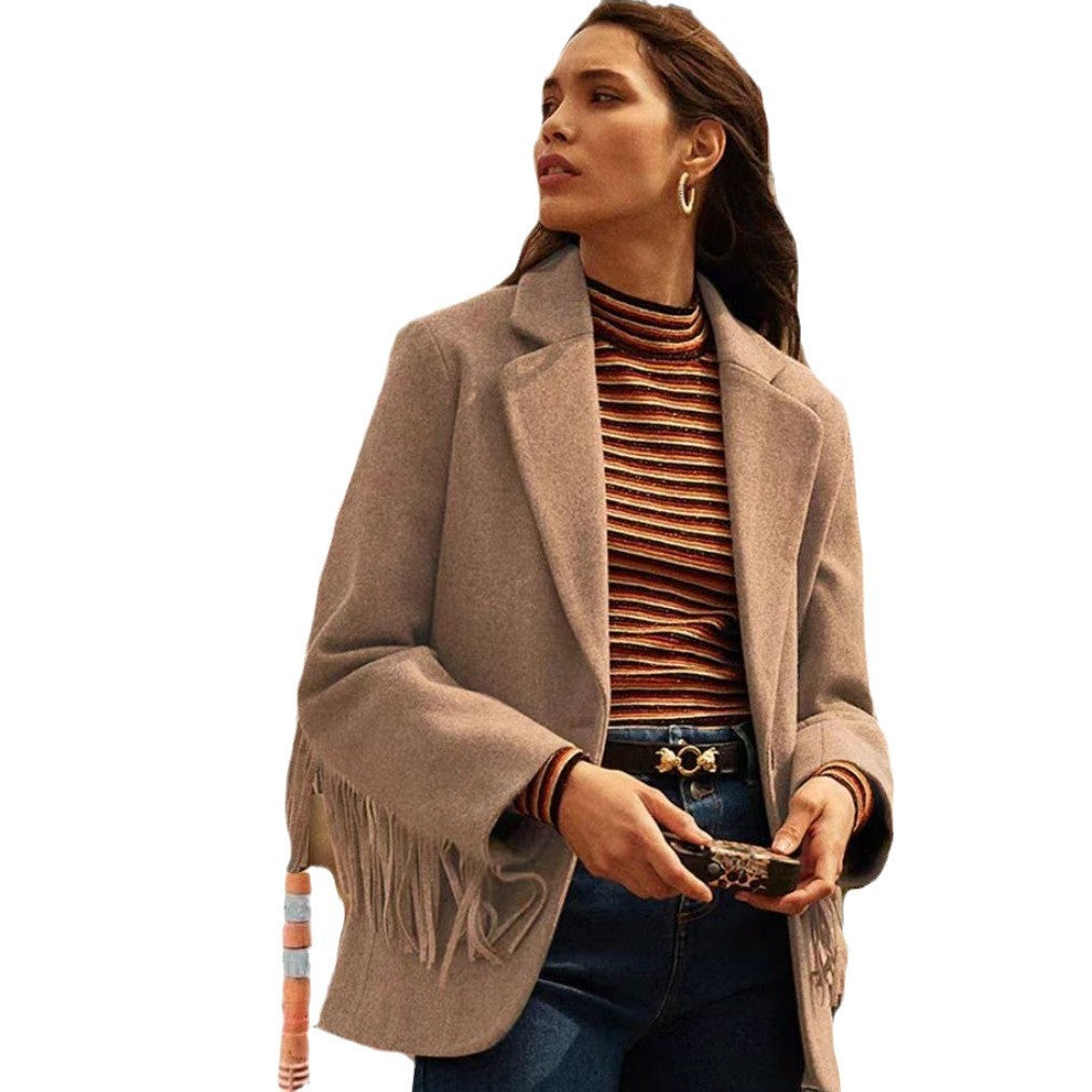 Dame Oversized Jakke med Frynser og elegante Detaljer Stilla