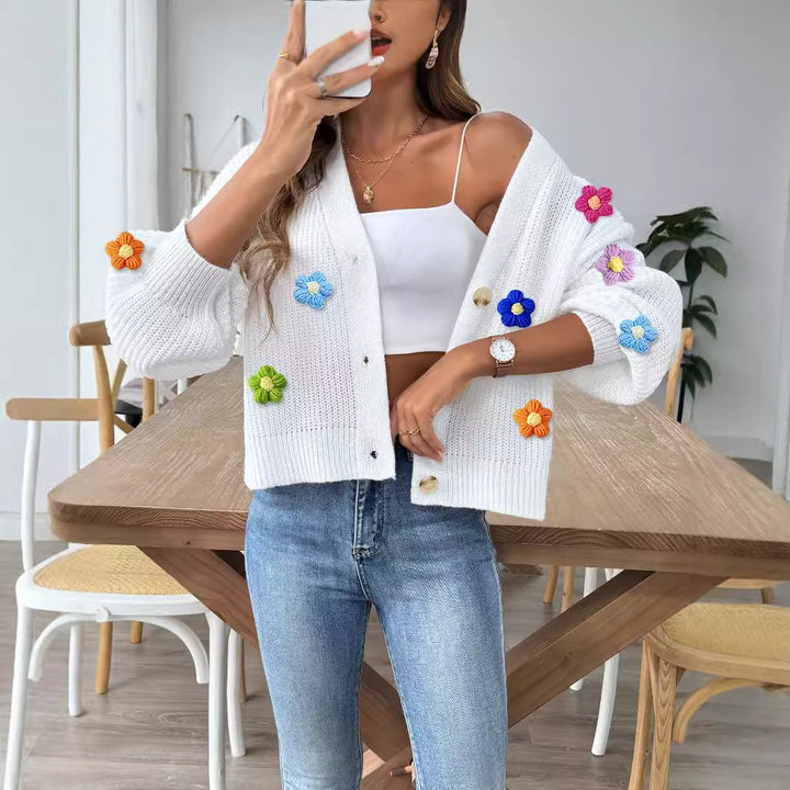 Damer moderigtig strik-Cardigan med innovativt blomstermotiv og ballonærmer Stilla