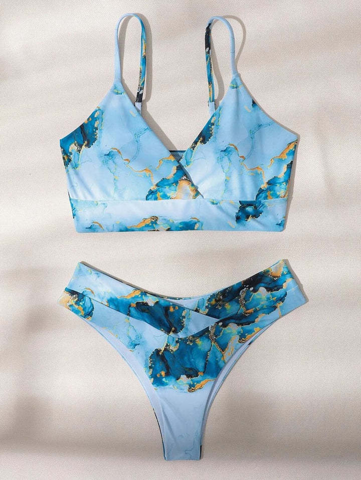 Dame triangel-bikini med moderne marmor-design og justerbare stropper Stilla