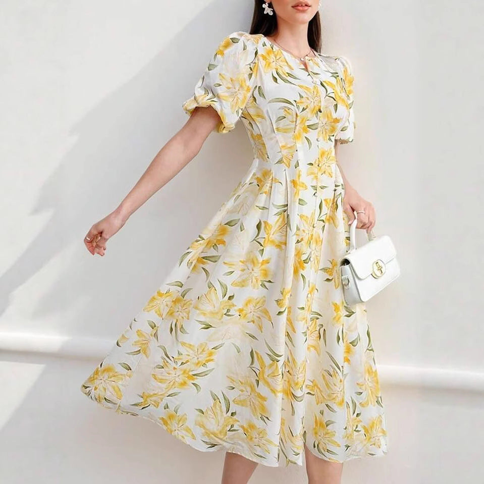 Dame Blomster Puffærme Midi Kjole Stilla