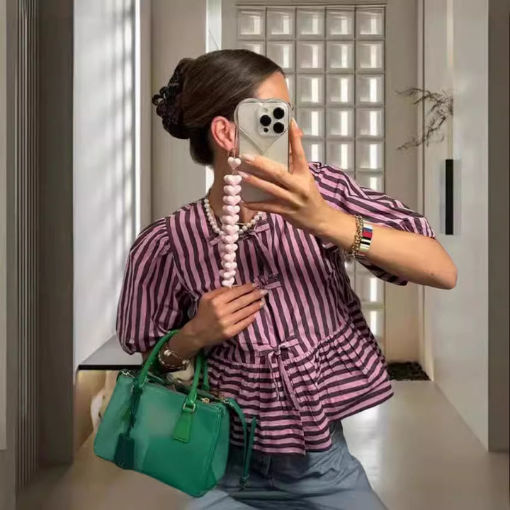 Dame Camouflage Bluse med tætsiddende snit og puffærmer Stilla