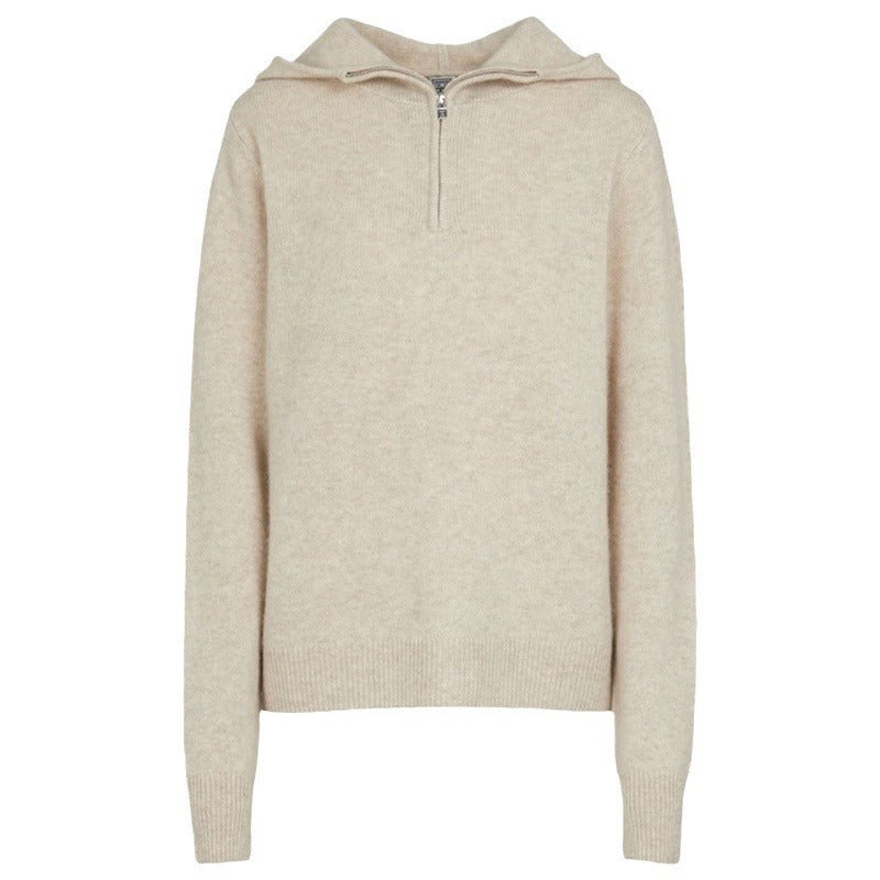 Kvinders elegante strikket sweater med hætte og halv lynlås Stilla