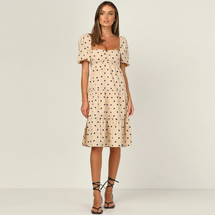 Dame Polka Dot Flydende Midi Kjole med Puffærmer og Flæsekant Stilla