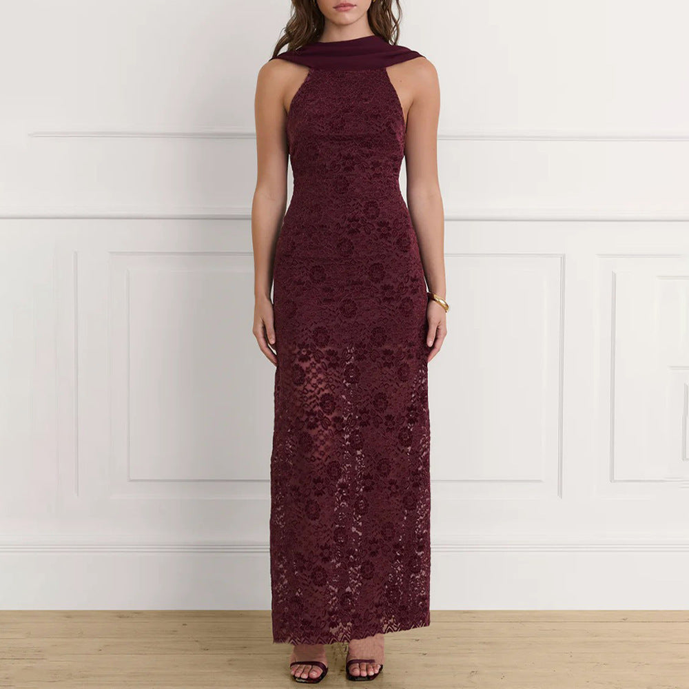 Dame Elegant Maxikjole med raffineret spidsdekoration og smart halterneck Skovae
