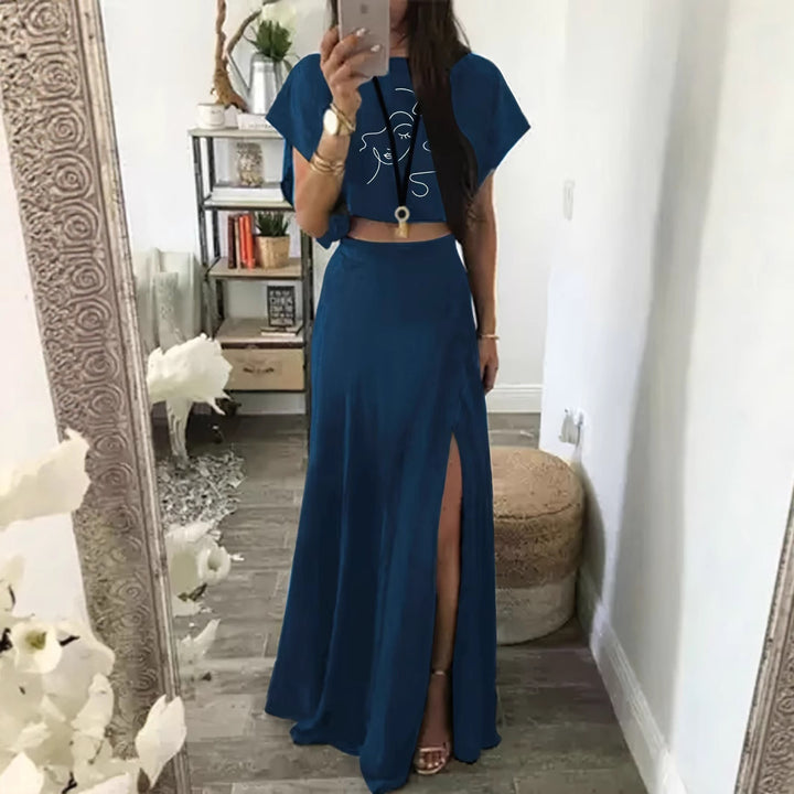 Dame to-delt outfit med cropped top og høj split nederdel Stilla