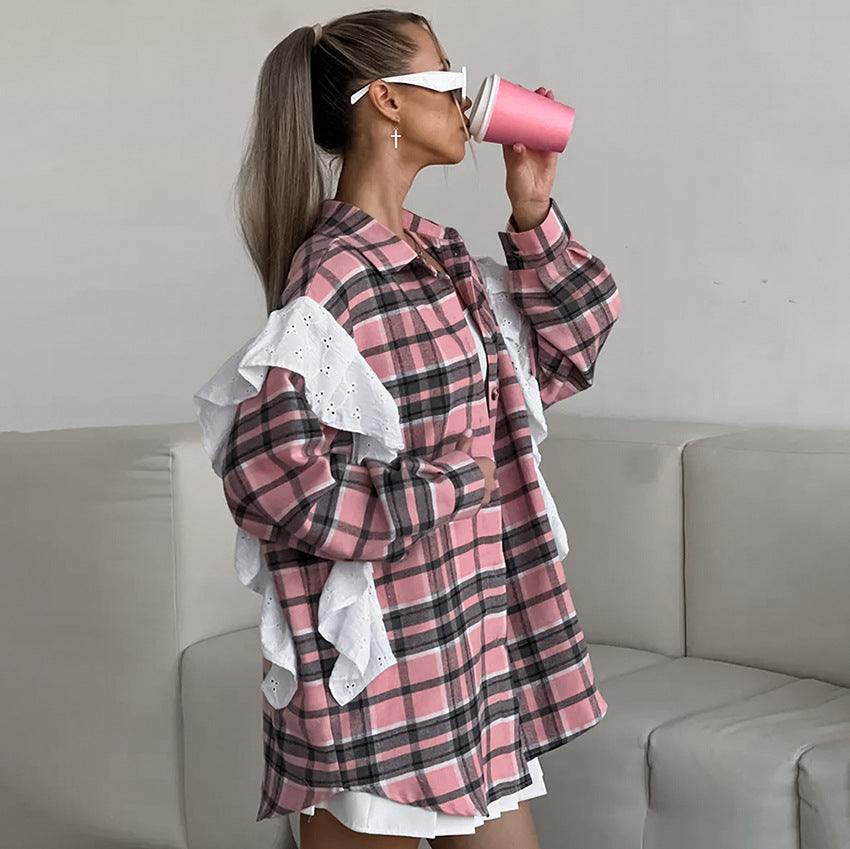 Dame Oversized Karoshirt med voluminøse ruffleærmer Stilla