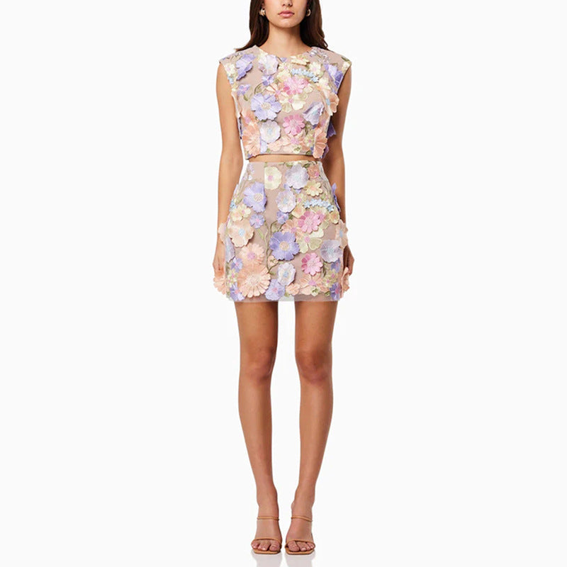 Dame Crop-Top-Nederdel Outfit med floralt design og transparent stof Stilla