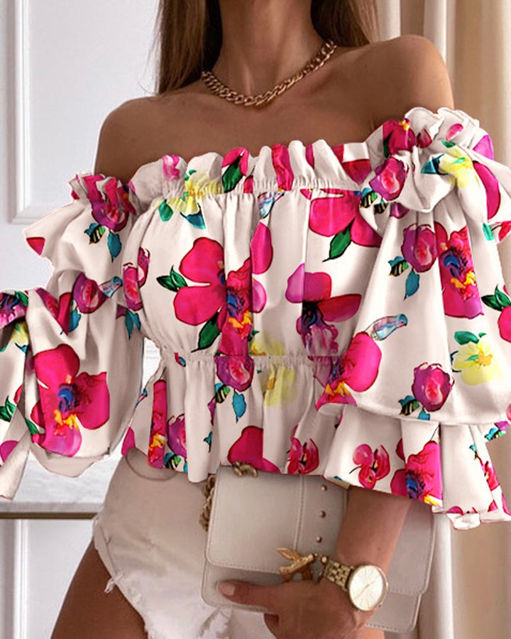Dame Off-Shoulder Bluse med voluminøse ærmer og blomster mønster Stilla