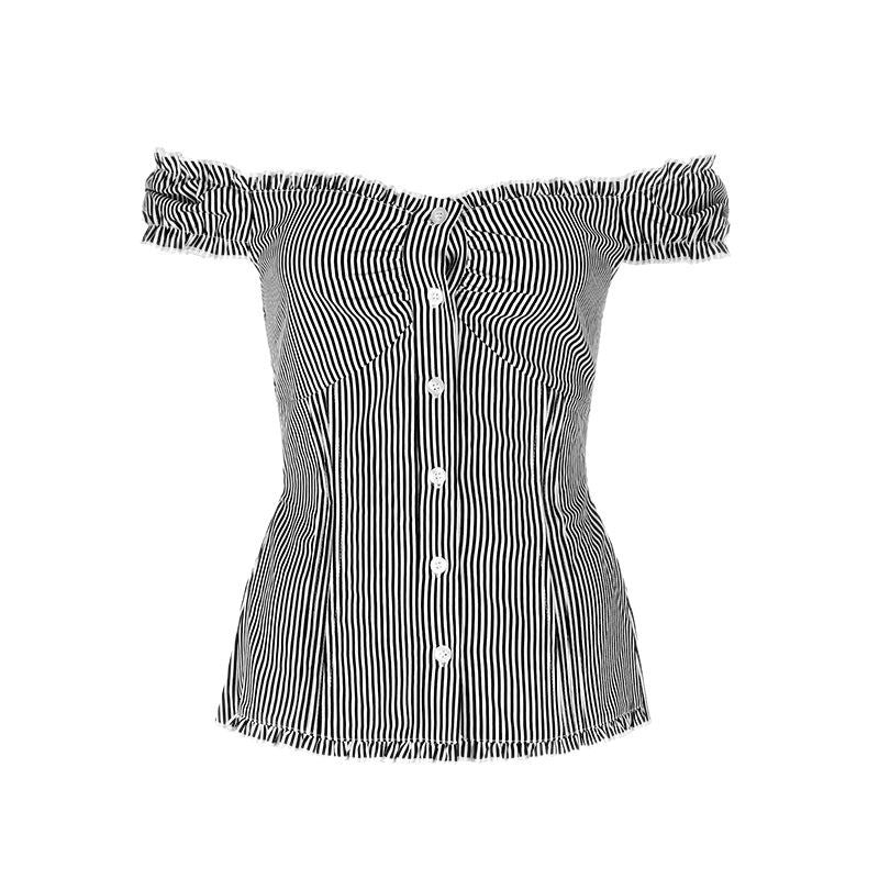 Dame Off-Shoulder Bluse med fine flæsedetaljer og stribet mønster Skovae