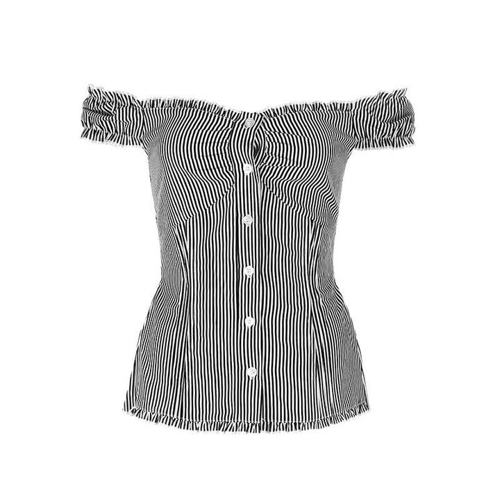Dame Off-Shoulder Bluse med fine flæsedetaljer og stribet mønster Skovae