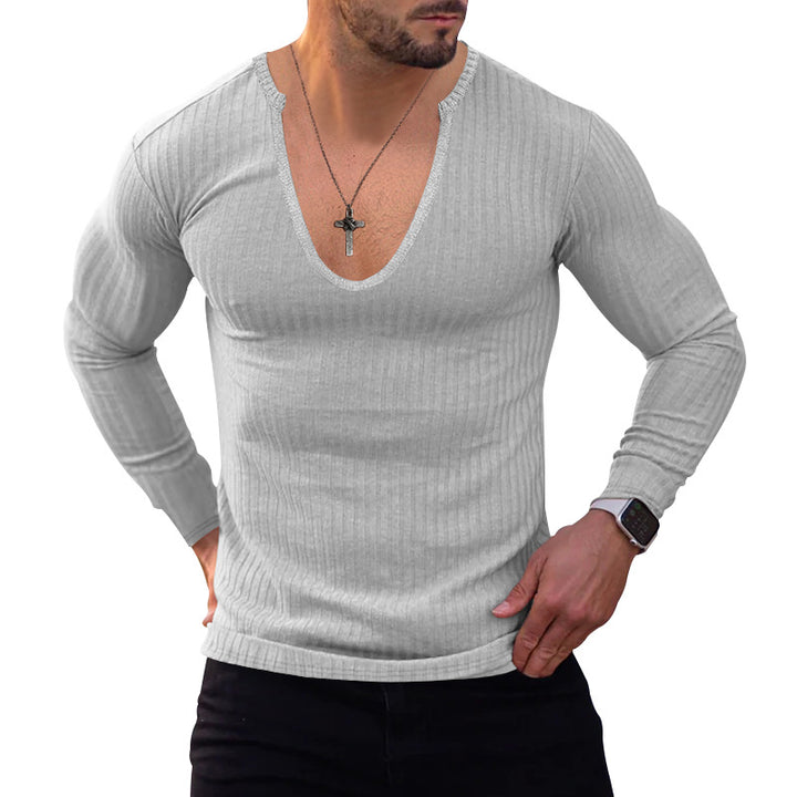 Herrer langærmet V-hals T-shirt med fin ribstruktur Stilla