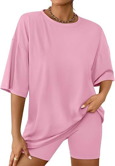 Dame Relaxed Fit Oversized T-Shirt og Biker-Shorts-Sæt Stilla