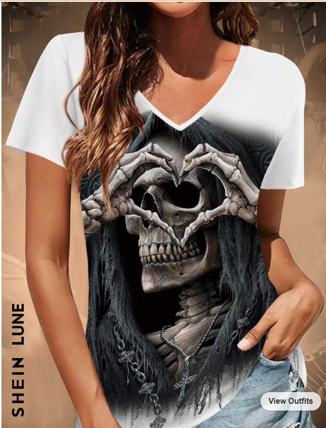 Dame T-shirt med kreativt skeletmotiv og V-udskæring Stilla
