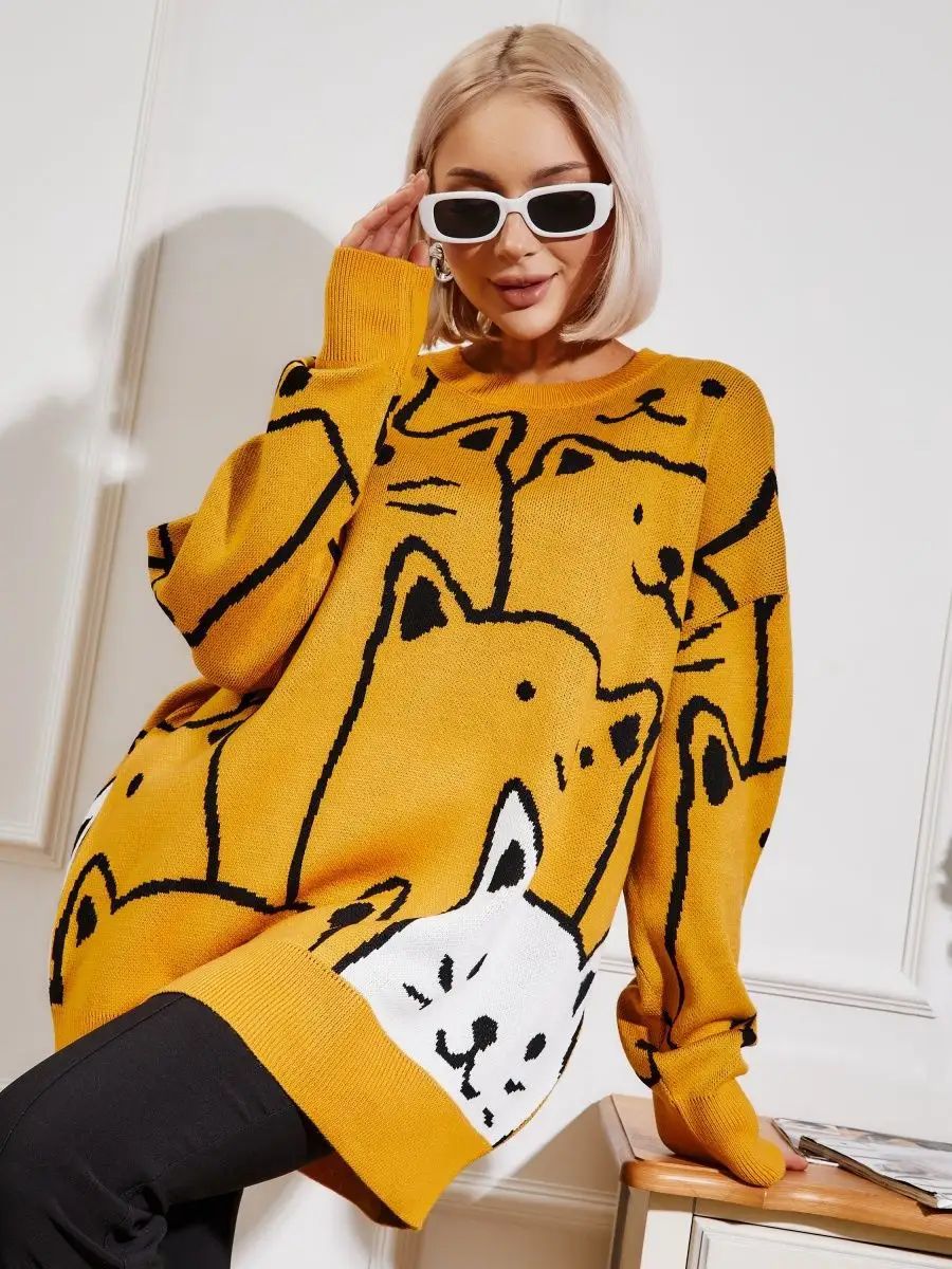 Dame stilfuld pullover med kattemotiv og afslappet snit Stilla
