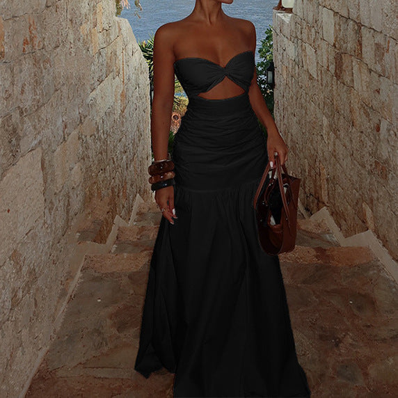Dame Strapless Maxi Kjole med dekorativt Cut-Out og elegant Drapering Skovae