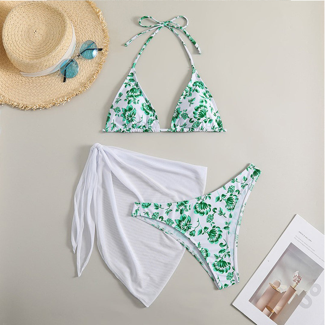 Dame Triangle-bikini-sæt med blomsterdesign og justerbare stropper Stilla