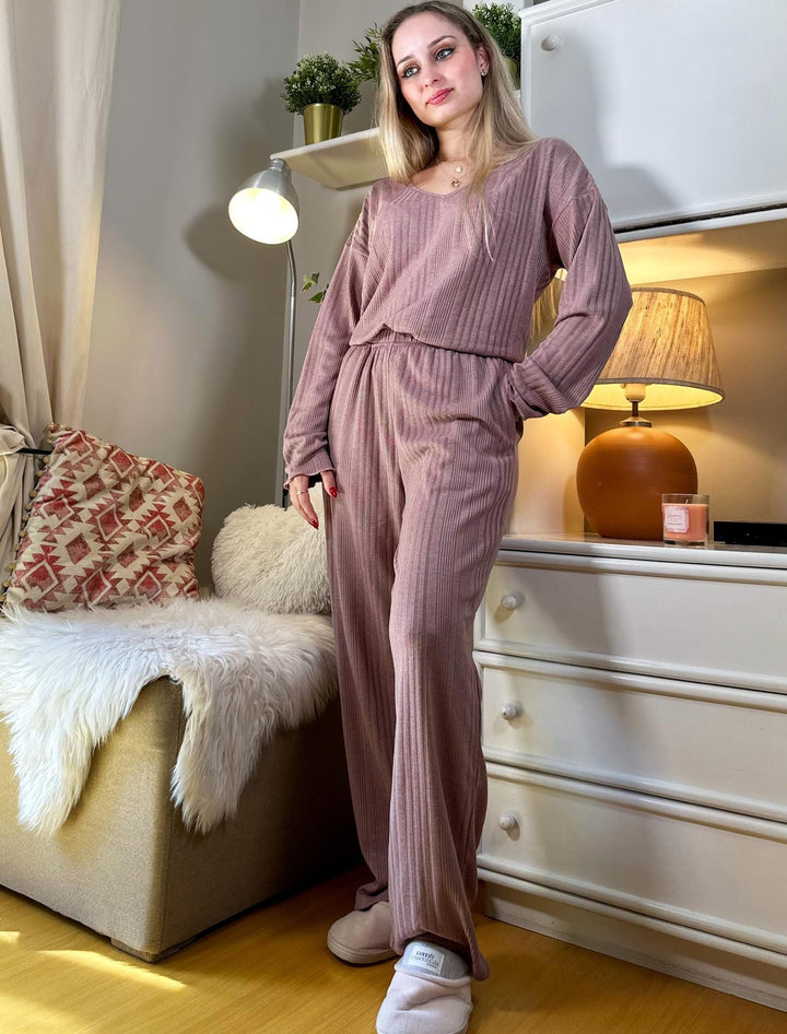 Stilla | Ribbet-Pyjamas Efterår Vinter Varme To-Delt Sæt