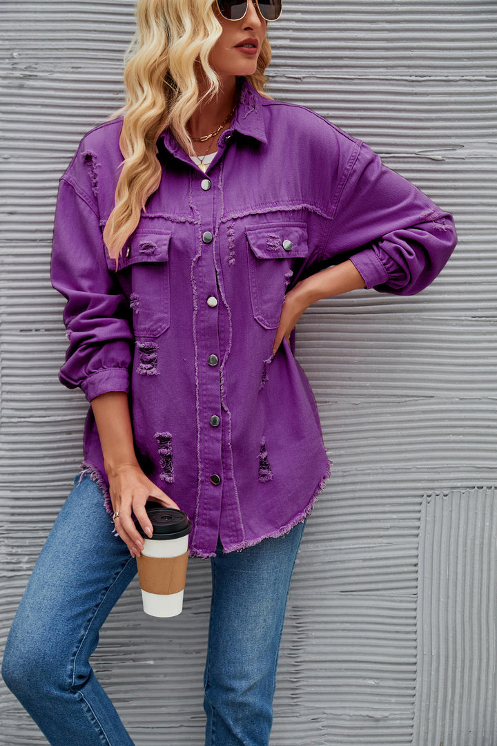 Dame Oversized Denim-Skjortejakke med frynse-detaljer Stilla