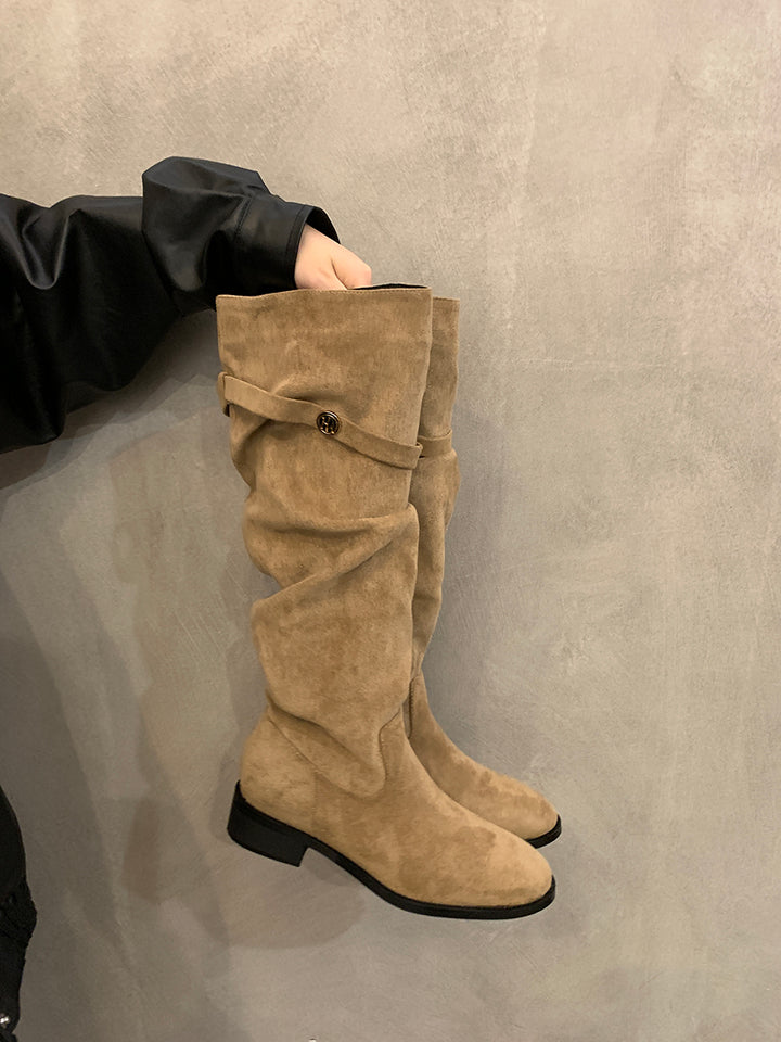 Femme Slouchy Suede Knælange Støvler med Dekorativ Knap Stilla