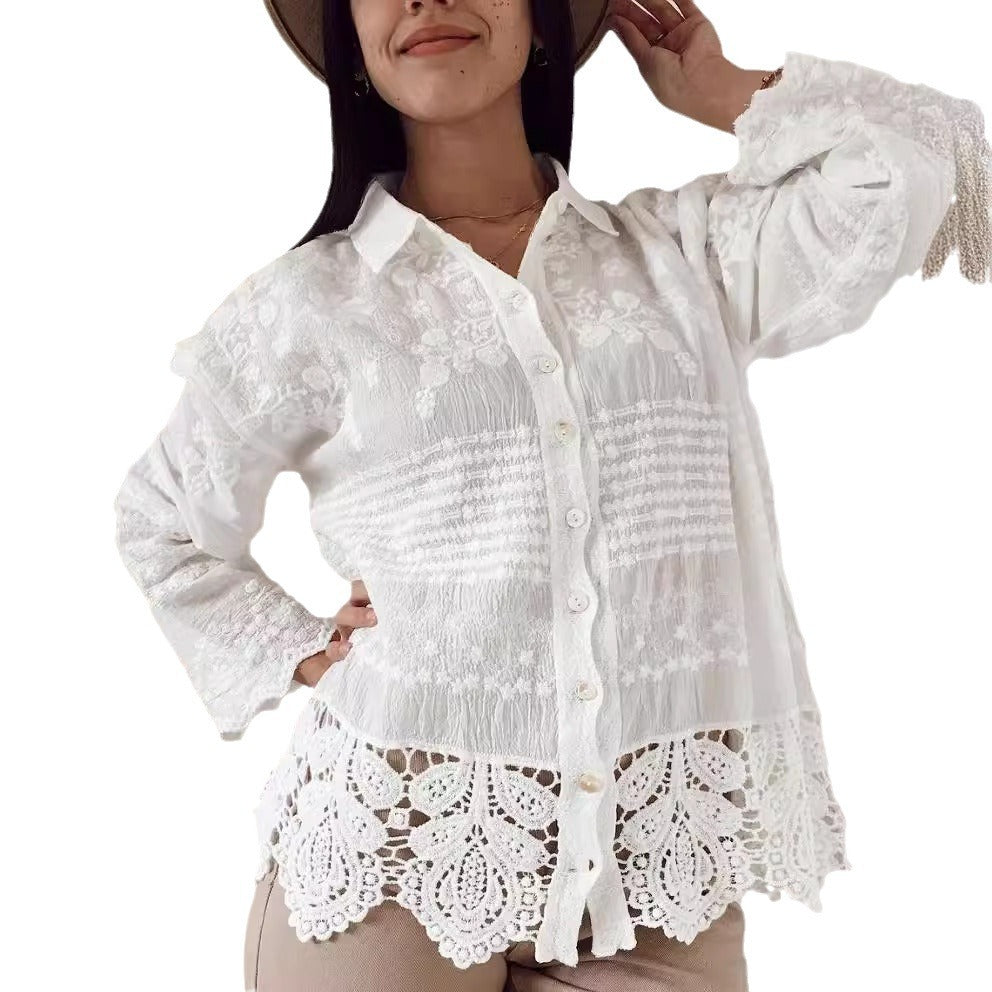Dame elegant spids bluse med florale broderier og knaplukning Stilla