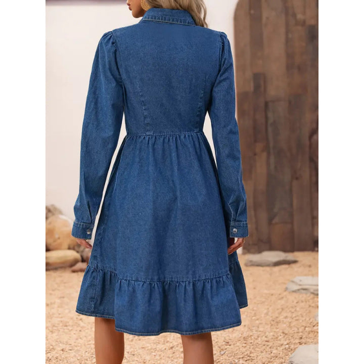 Femme Denim Button-Up Skjorte Kjole med Volangkant Stilla