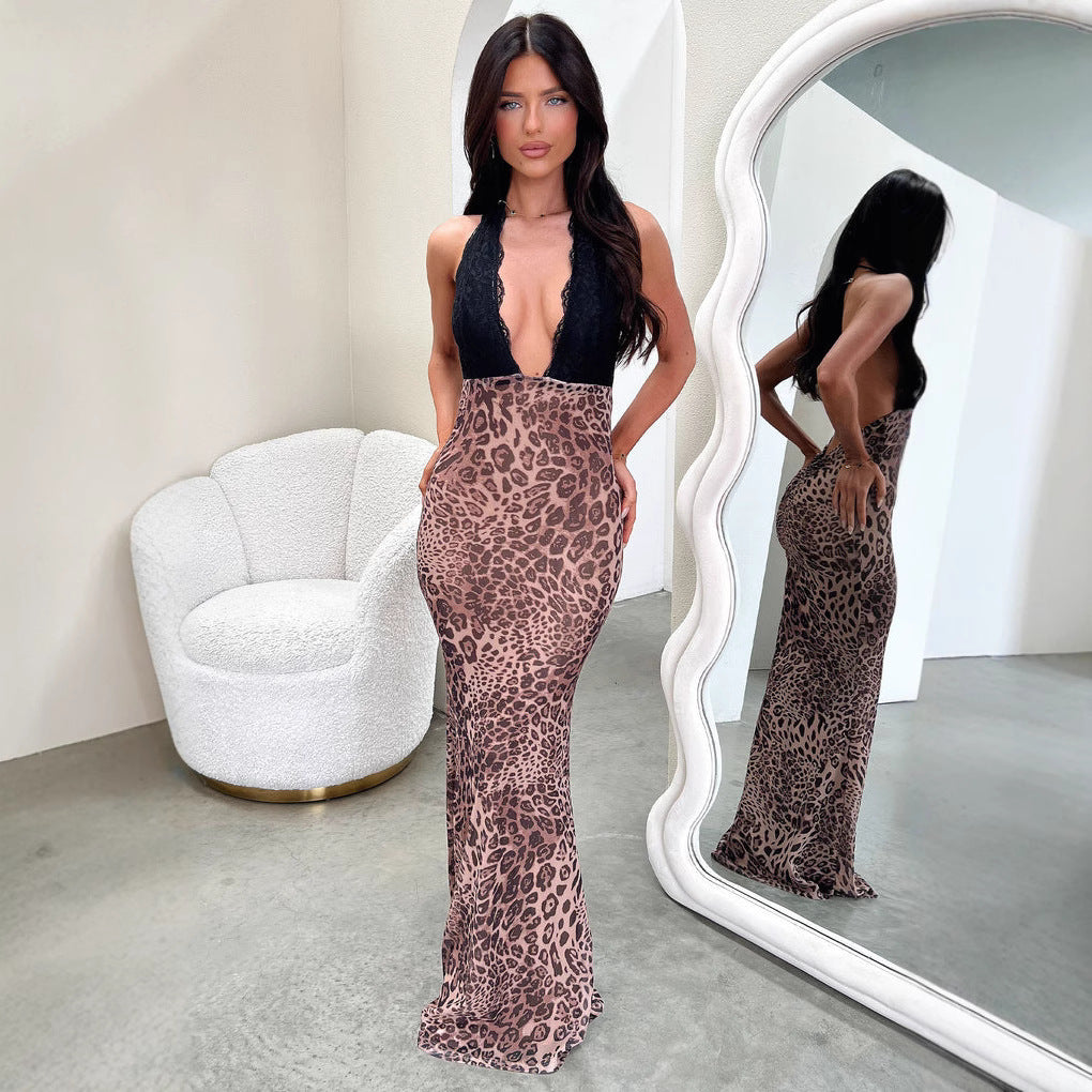 Dame Elegante Leopard Maxi Kjole med dyb V-udskæring og raffinerede spidser Skovae