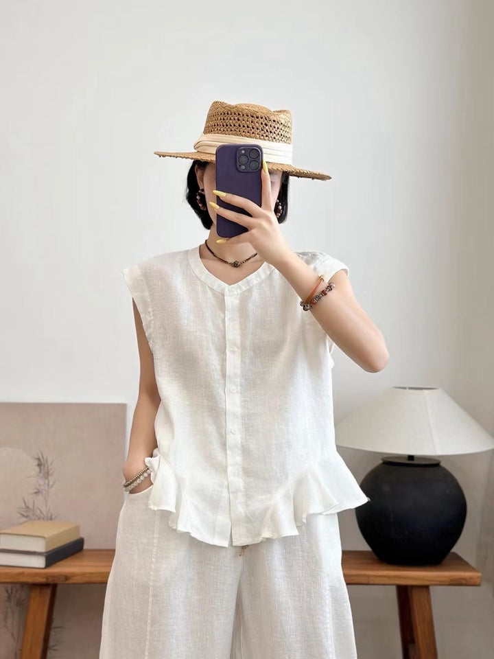 Femme Fritid Knaplukning Flounce Kant Top Stilla
