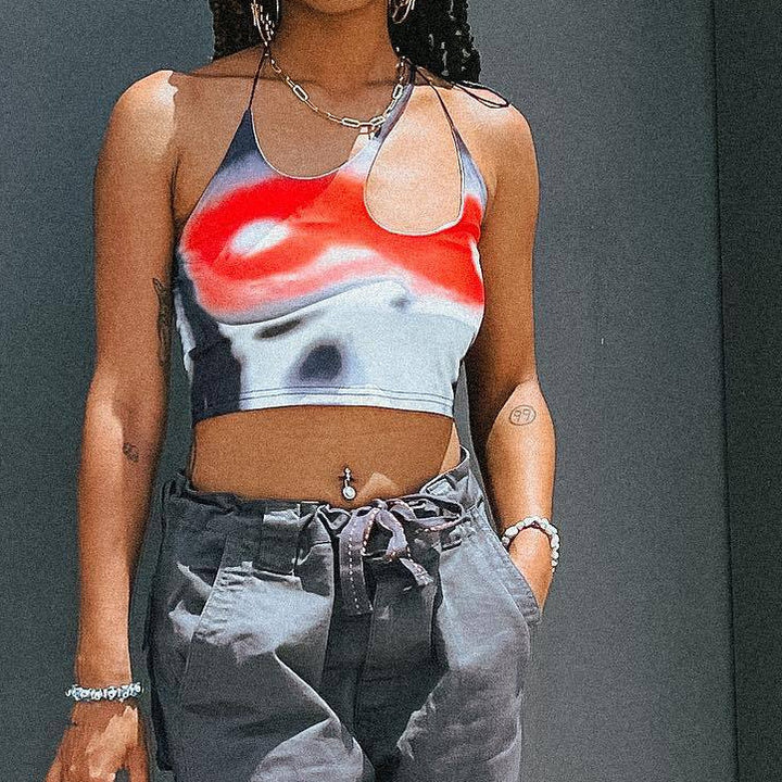 Dame Crop-Top med asymmetrisk stropdesign og livlig grafiktryk Skovae
