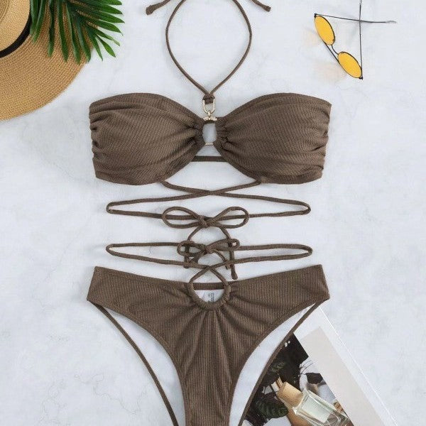 Dame Strappy Bandeau Bikini Sæt med justerbare Bindebånd Stilla