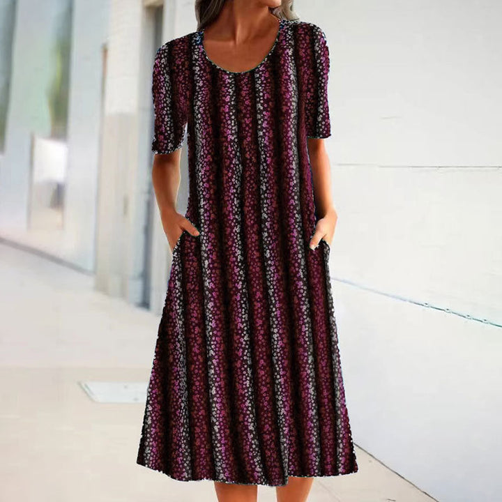 Stilla | Casual Leopard Stripe Pocket Rund Hals Korte Ærmer Kjole