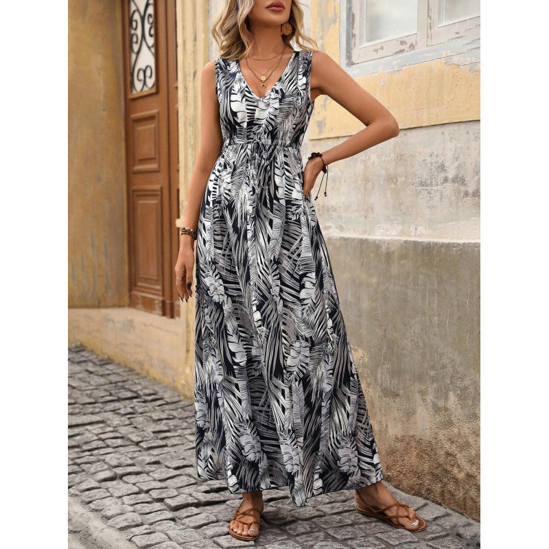 Dame Tropical Print Maxi Kjole med justerbar talje Stilla