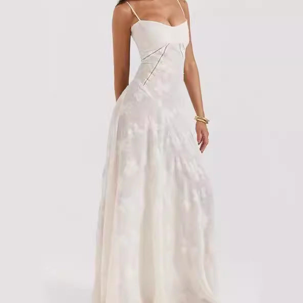 Dame Elegant Spids Maxi Kjole med sarte stropper og blomsterdesign Stilla