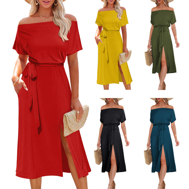 Dame Off-Shoulder Maxi Kjole med Taljebælte Stilla