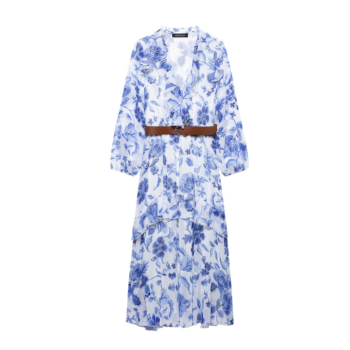 Dame Floral-Print Langærmet Kjole med Bælte Stilla