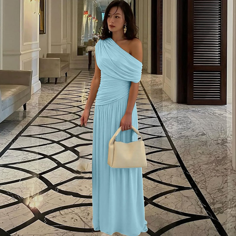 Dame Elegant asymmetrisk maxikjole med draperinger Skovae