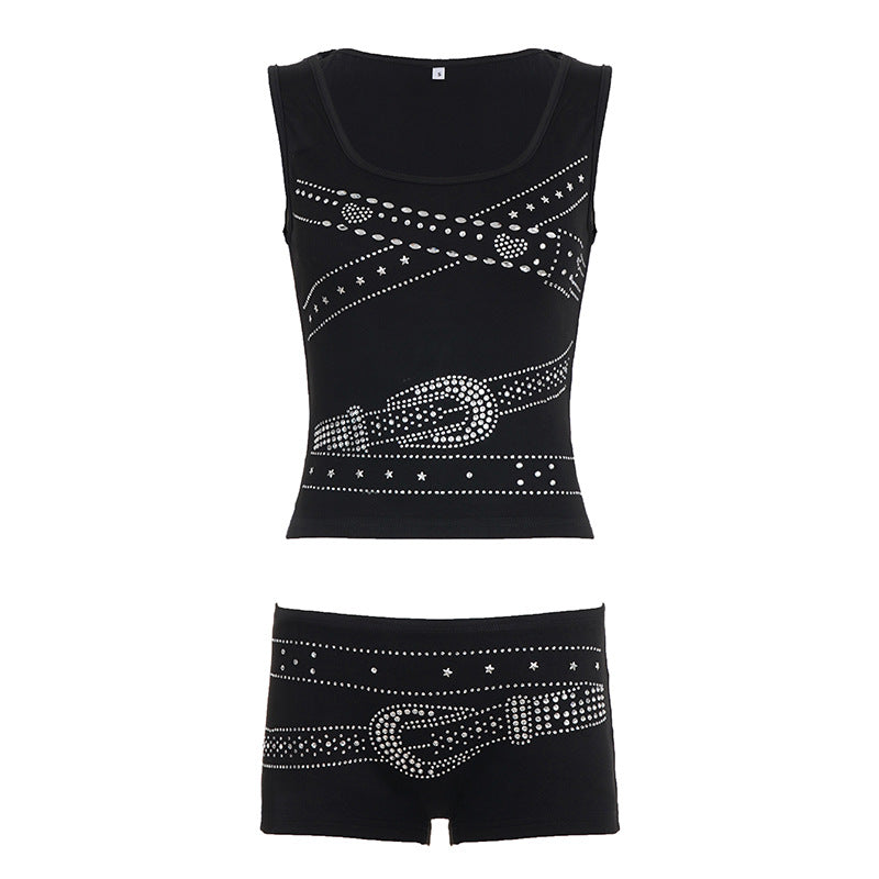 Dame ærmeløs top med strålende rhinestone-design Skovae