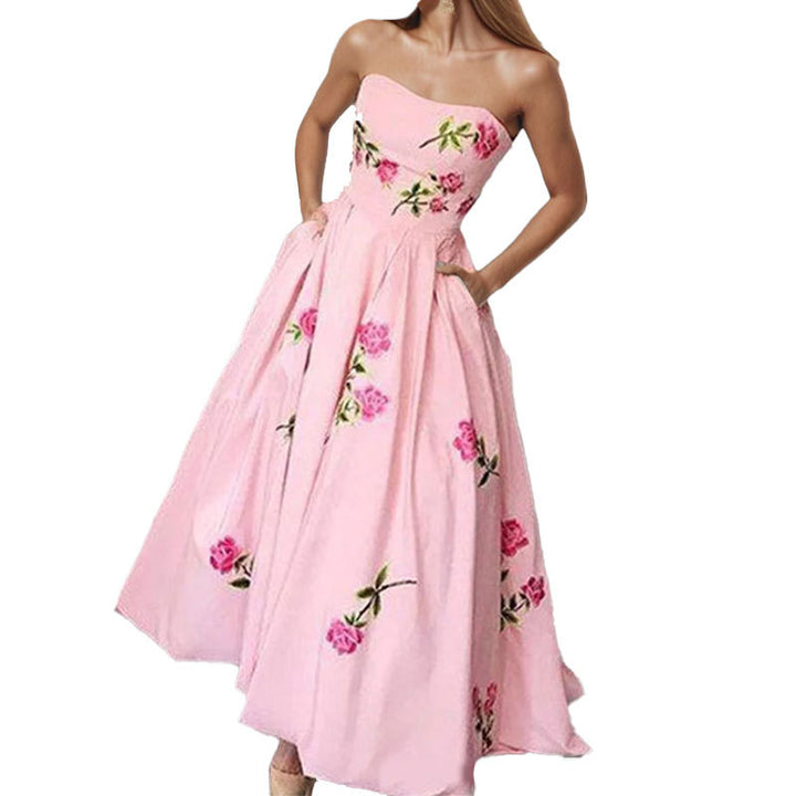Damer Elegant Strapless Maxi Kjole med Blomsterdesign og Sidelommer Stilla