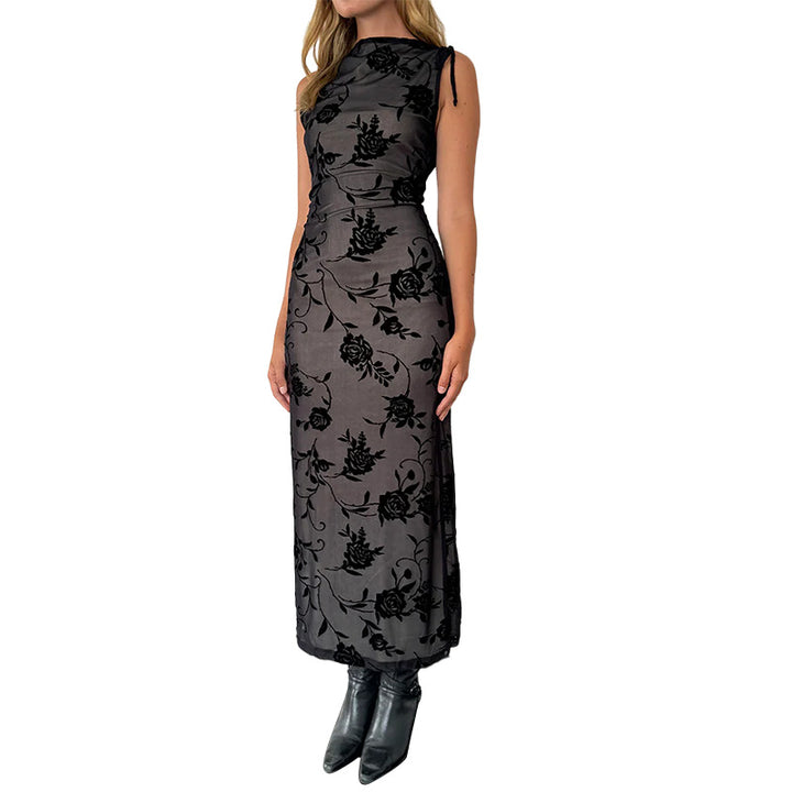 Kvindernes elegante maxi-kjole med blomstret blonde mønster og ærmeløs design Stilla