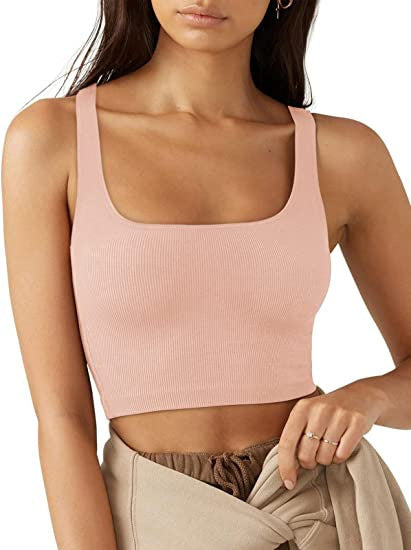 Dame cropped top med brede stropper og fint ribmønster Skovae